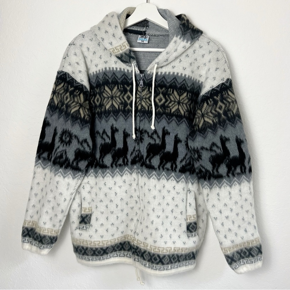 Yari Artesanias Ecuador Wool Llama Print Hooded Zip Up Sweater Jacket Size M